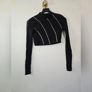Noisy May Long Sleeve Fitted‎ Crop Top Stitching Hem Detail Black Sz XS